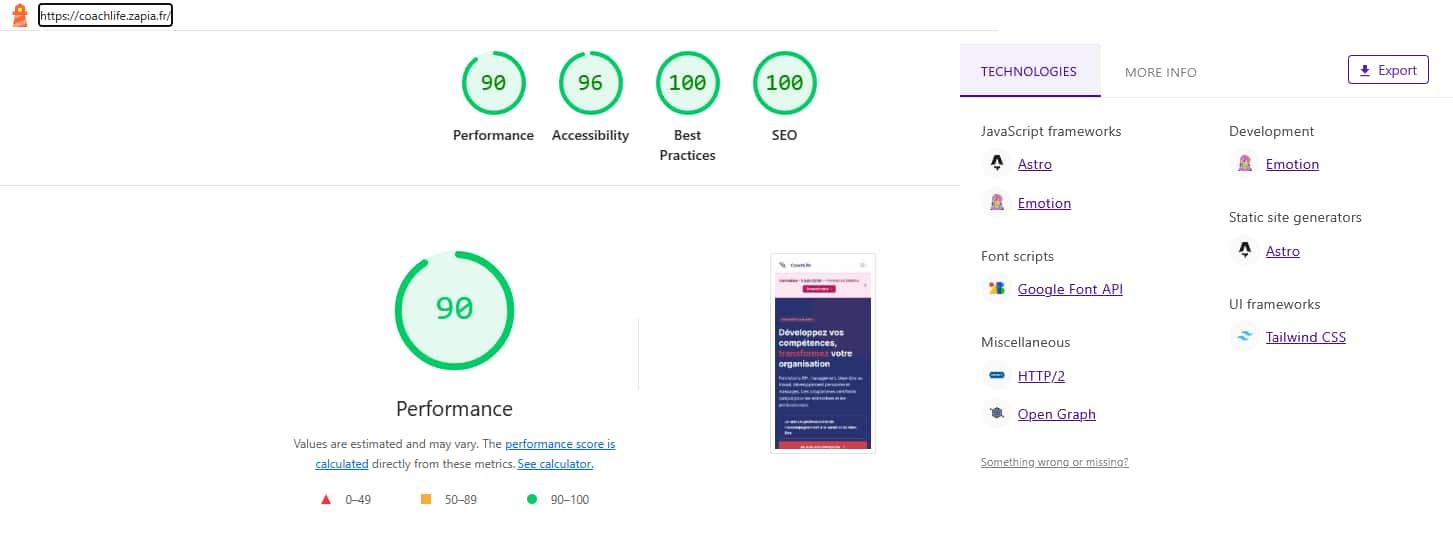 Lighthouse scores for the AI-built version of Coachlife