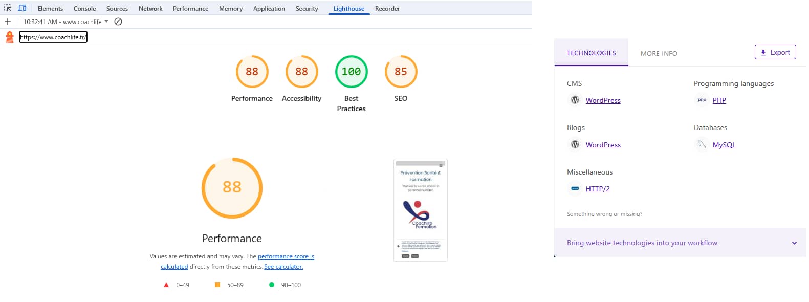 Lighthouse scores for the WordPress version of Coachlife